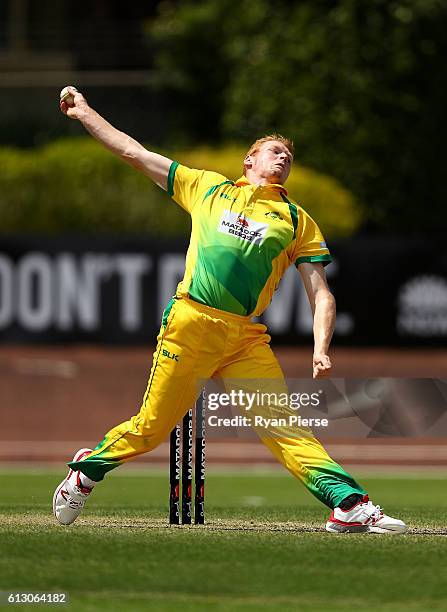 Liam Hatcher of CA XI bowls during the Matador BBQs One Day Cup match between New South Wales and the Cricket Australia XI at Hurstville Oval on...