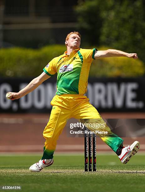 Liam Hatcher of CA XI bowls during the Matador BBQs One Day Cup match between New South Wales and the Cricket Australia XI at Hurstville Oval on...