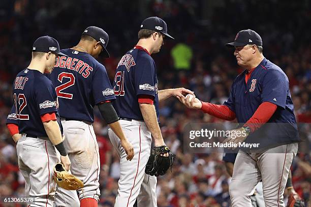 Manager John Farrell of the Boston Red Sox relieves Drew Pomeranz in the seventh inning against the Cleveland Indians during game one of the American...