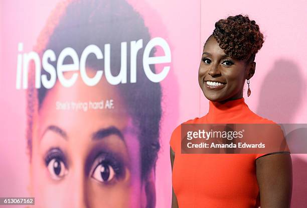 Actress Issa Rae arrives at the premiere of HBO's "Insecure" at the Nate Holden Performing Arts Center on October 6, 2016 in Los Angeles, California.