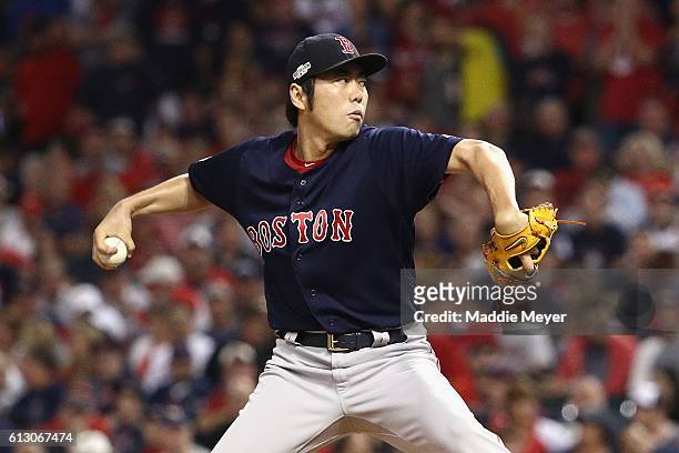 Koji Uehara of the Boston Red Sox pitches in the eighth inning against the Cleveland Indians during game one of the American League Divison Series at...