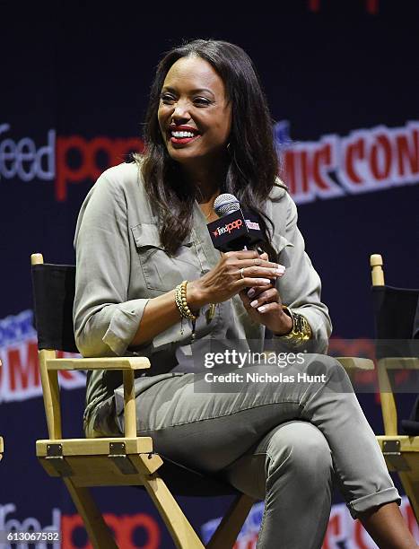 Aisha Tyler speaks at Archer panel during day 1 of 2016 New York Comic Con at Hammerstein Ballroom on October 6, 2016 in New York City