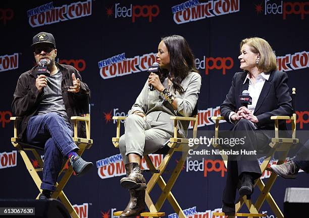 Jon Benjamin, Aisha Tyler and Jessica Walters speak at Archer panel during day 1 of 2016 New York Comic Con at Hammerstein Ballroom on October 6,...