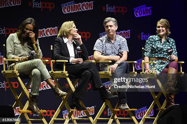Aisha Tyler, Aisha Tyler, Jessica Walter, Chris Parnell and Amber Nash speak at Archer panel during day 1 of 2016 New York Comic Con at Hammerstein...