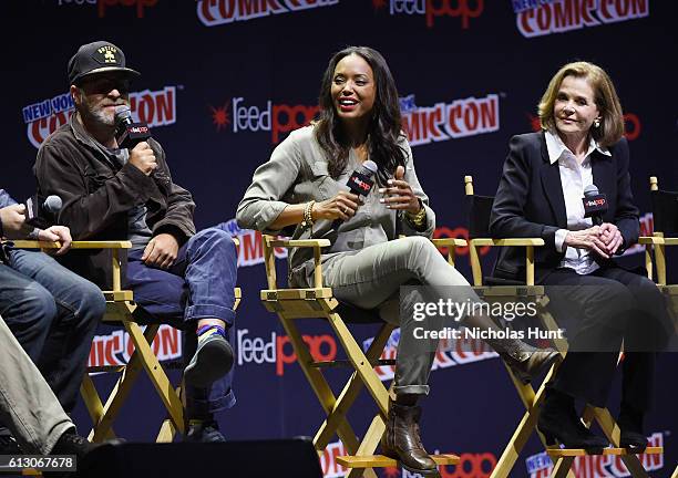 Jon Benjamin, Aisha Tyler and Jessica Walters speak at Archer panel during day 1 of 2016 New York Comic Con at Hammerstein Ballroom on October 6,...