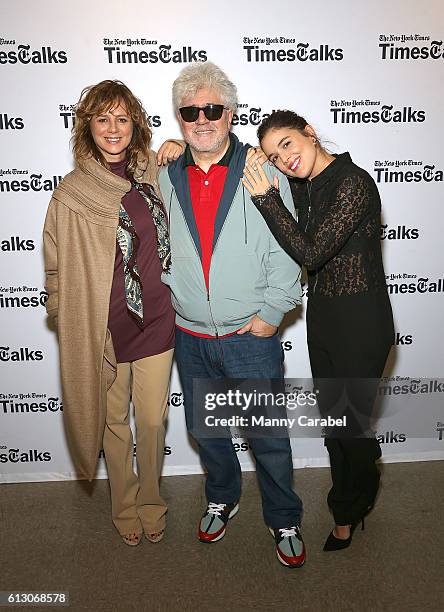 Emma Suarez, Pedro Almodovar and Adriana Ugarte attend TimesTalks at Merkin Concert Hall on October 6, 2016 in New York City.