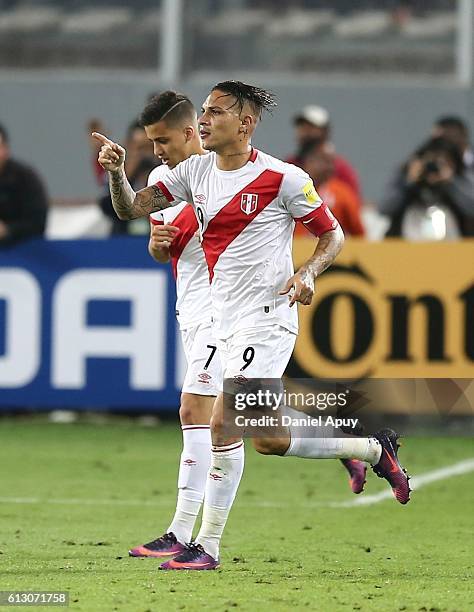 Paolo Guerrero of Peru celebrates after scoring his team's first goal during a match between Peru and Argentina as part of FIFA 2018 World Cup...