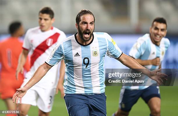 Gonzalo Higuain of Argentina celebrates after scoring his team'a second goal during a match between Peru and Argentina as part of FIFA 2018 World Cup...