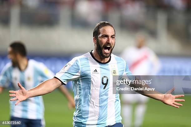Gonzalo Higuain of Argentina celebrates after scoring his team's second goal during a match between Peru and Argentina as part of FIFA 2018 World Cup...