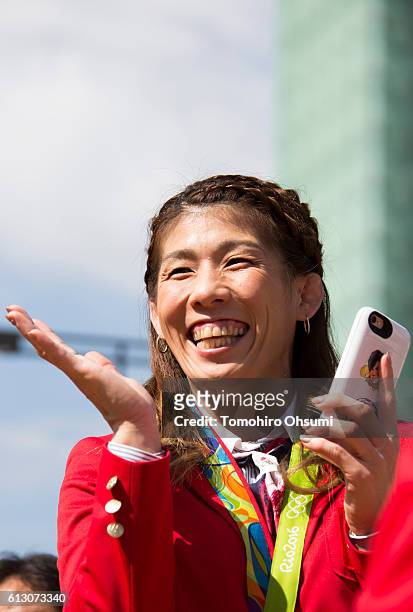 Japan's Rio de Janeiro Olympic team captain Saori Yoshida is seen during the Rio Olympics 2016 Japanese medalist parade in the ginza district on...