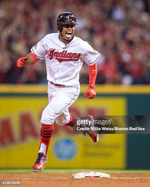 Francisco Lindor of the Cleveland Indians reacts after hitting a solo home run during the third inning of game one of the American League Division...