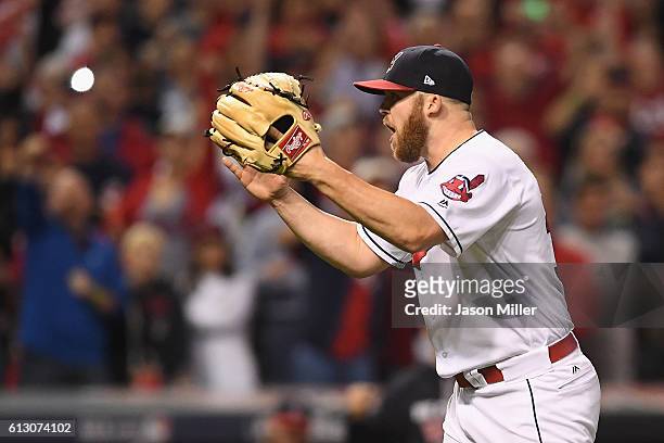 Cody Allen of the Cleveland Indians celebrates after defeating the Boston Red Sox 5-4 in game one of the American League Divison Series at...
