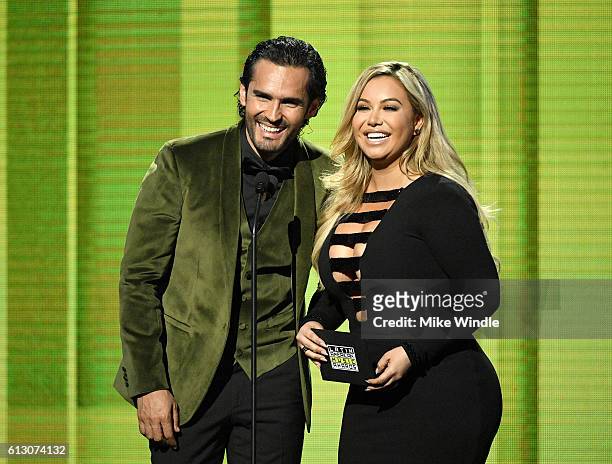 Actor Fabian Rios and tv personality speak onstage during the 2016 Latin American Music Awards at Dolby Theatre on October 6, 2016 in Hollywood,...