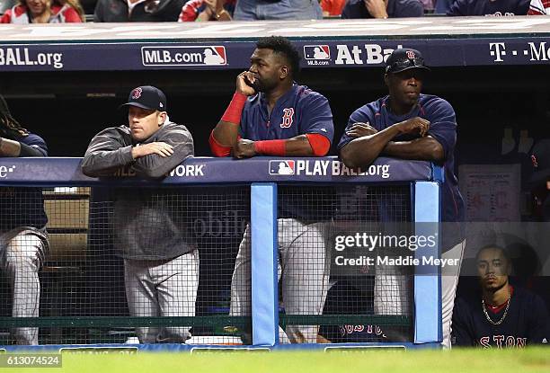 David Ortiz of the Boston Red Sox reacts in the ninth inning against the Cleveland Indians during game one of the American League Divison Series at...