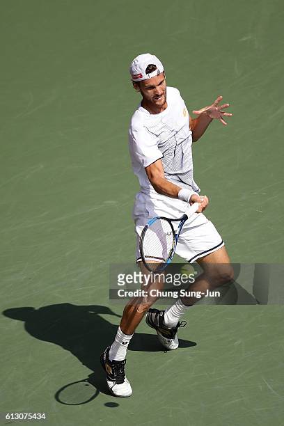 Joao Sousa of Portugal plays a forehand during the men's singles quarterfinal match against David Goffin of Belgium on day five of Rakuten Open 2016...