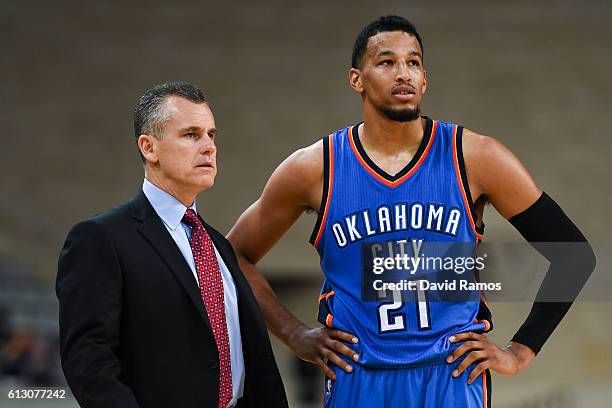 Head coach Billy Donovan of Oklahoma City Thunder gives instructions to Andre Roberson of Oklahoma City Thunder during the NBA Global Games Spain...