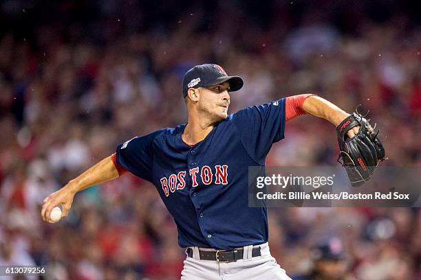 Rick Porcello of the Boston Red Sox delivers during the first inning of game one of the American League Division Series against the Cleveland Indians...
