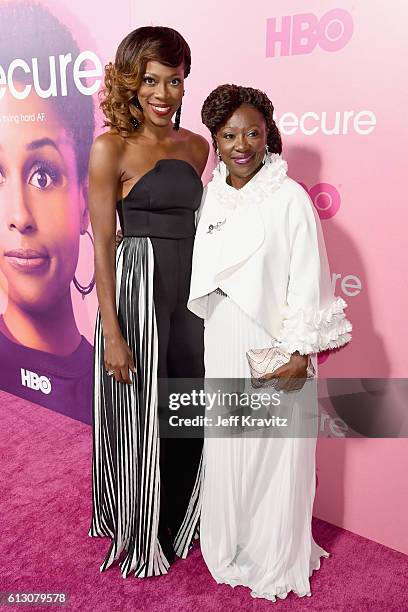 Actress Yvonne Orji and Celine Orji attend the HBO's "Insecure" Premiere at Nate Holden Performing Arts Center on October 6, 2016 in Los Angeles,...