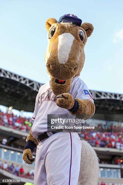 Texas Rangers mascot "Captain" during game 1 of the ALDS between the Toronto Blue Jays and Texas Rangers at Globe Life Park in Arlington, TX. Toronto...