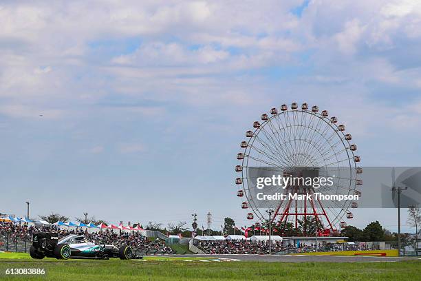 Lewis Hamilton of Great Britain driving the Mercedes AMG Petronas F1 Team Mercedes F1 WO7 Mercedes PU106C Hybrid turbo on track during practice for...