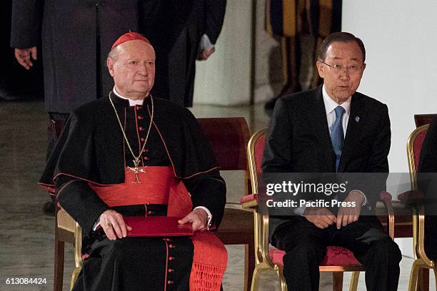 Cardinal Gianfranco Ravasi and U.N. Secretary General Ban Ki-moon attend the International conference "Sport at the Service of Humanity", the first...