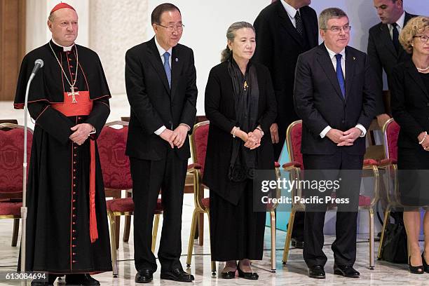 Cardinal Gianfranco Ravasi, U.N. Secretary General Ban Ki-moon, his wife Ban Soon-Taek and International Olympic Committee President Thomas Bach...