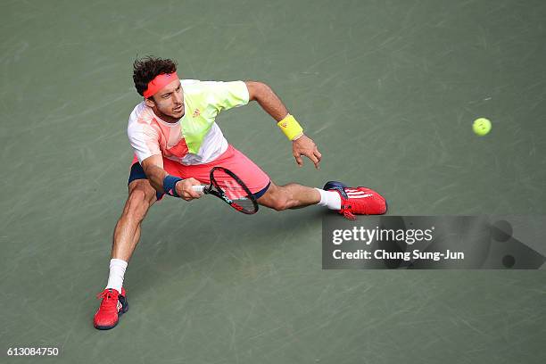 Juan Monaco of Argentina in action during the men's singles quarterfinal match against Marin Cilic of Croatia on day five of Rakuten Open 2016 at...