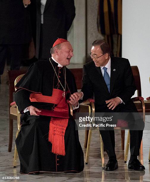 Cardinal Gianfranco Ravasi and U.N. Secretary General Ban Ki-moon attend the International conference "Sport at the Service of Humanity", the first...