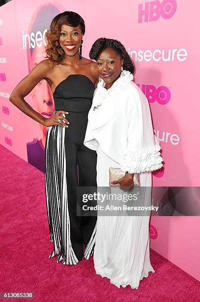 Actress Yvonne Orji and her mom Celine attend the premiere of HBO's "Insecure" at Nate Holden Performing Arts Center on October 6, 2016 in Los...