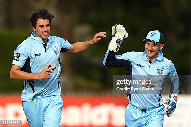 Pat Cummins and Peter Nevill of the Blues celebrate after Cummins claimed the wicket of Sam Harper of CA XI during the Matador BBQs One Day Cup match...