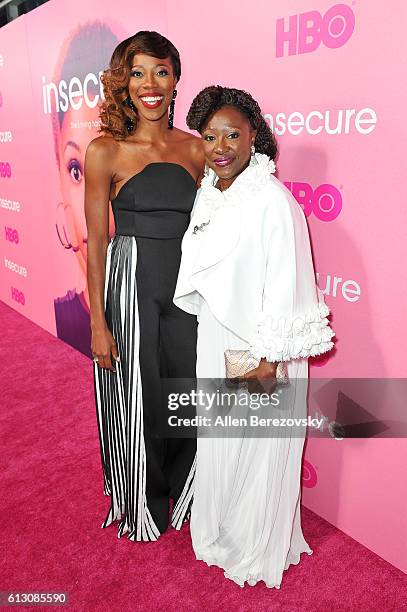 Actress Yvonne Orji and her mom Celine attend the premiere of HBO's "Insecure" at Nate Holden Performing Arts Center on October 6, 2016 in Los...