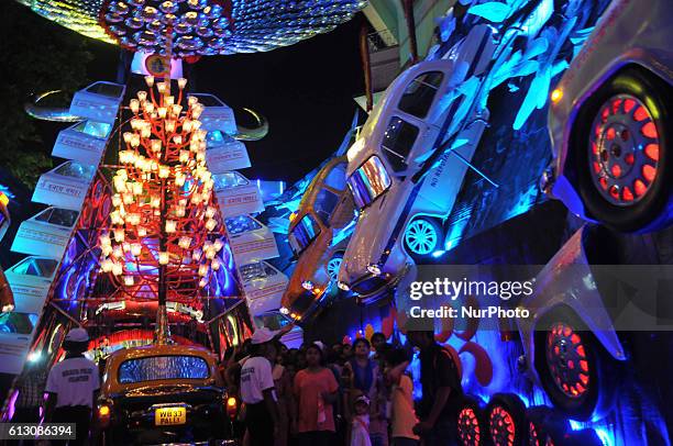 India famous Ambassador Taxi is theme of 33 Pally's Sarbojanin Durga Puja Pandal of Beleghata area on October 06,2016 in Kolkata,India.The Hindustan...