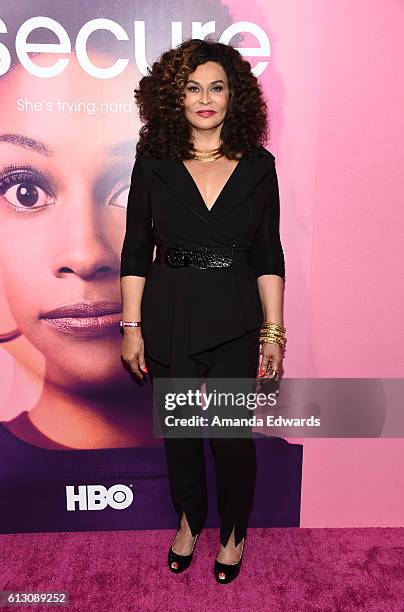 Fashion designer Tina Knowles arrives at the premiere of HBO's "Insecure" at the Nate Holden Performing Arts Center on October 6, 2016 in Los...