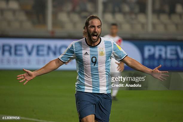 Gonzalo Higuain of Argentina celebrates his goal during a match between Peru and Argentina as part of FIFA 2018 World Cup Qualifiers at Nacional...