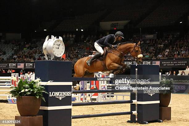Nayel Nassar of Egypt competes on Lordan in the Longines Speed Challenge during the Longines Masters of Los Angeles 2016 at Long Beach Convention...