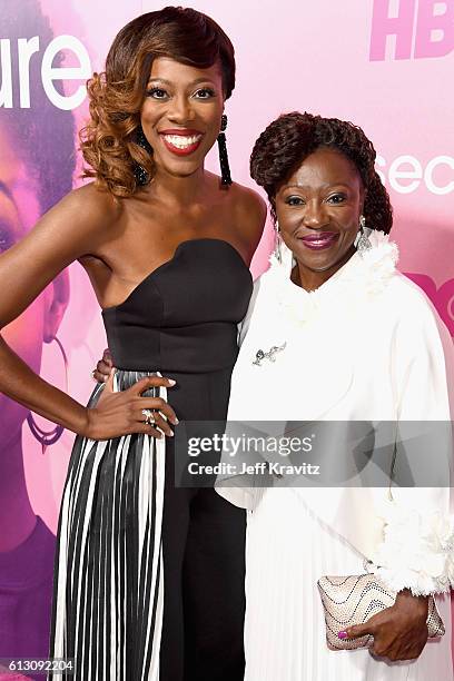 Actress Yvonne Orji and Celine Orji attend the HBO's "Insecure" Premiere at Nate Holden Performing Arts Center on October 6, 2016 in Los Angeles,...