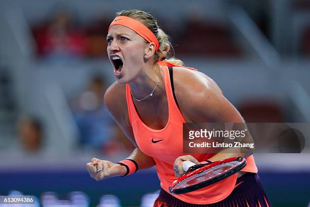 Petra Kvitova of the Czech Republic celebrates a point against Madison Keys of the United States during the Women's Singles Quarterfinals match on...