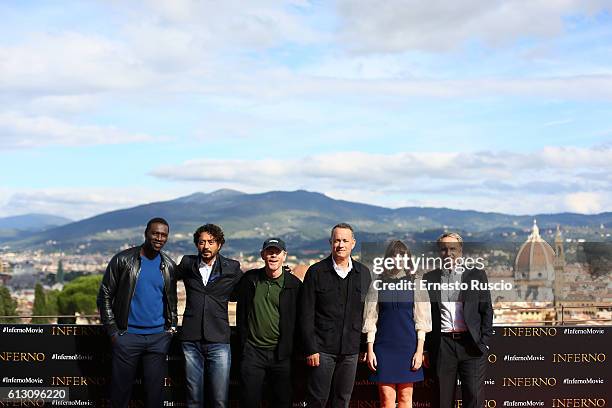 Omar Sy, Irrfan Khan, Ron Howard, Tom Hanks, Felicity Jones and Dan Brown attend a photocall for 'Inferno' at Forte Belvedere on October 7, 2016 in...