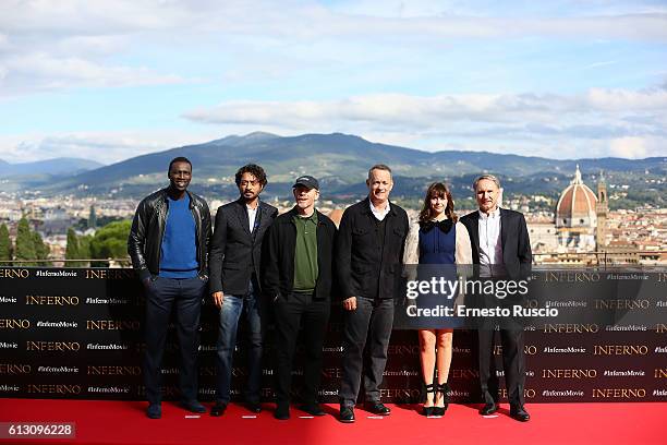 Omar Sy, Irrfan Khan, Ron Howard, Tom Hanks, Felicity Jones and Dan Brown attend a photocall for 'Inferno' at Forte Belvedere on October 7, 2016 in...