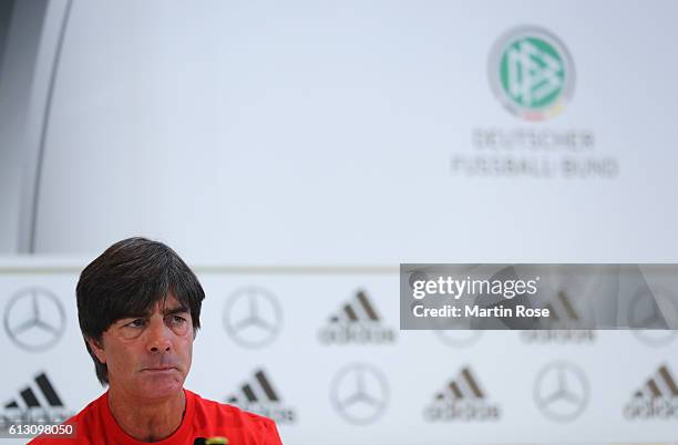 Joachim Loew, coach of Germany attends a press conference ahead of the FIFA 2018 World Cup Group C Qualifier match against Czech Republic at Mercedes...