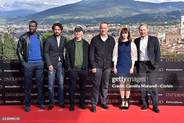 Omar Sy, Irrfan Khan, Ron Howard, Tom Hanks, Felicity Jones and Dan Brown attend a photocall for 'Inferno' on October 7, 2016 in Florence, Italy.