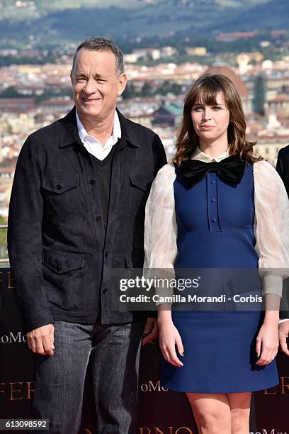 Tom Hanks and Felicity Jones attend a photocall for 'Inferno' on October 7, 2016 in Florence, Italy.