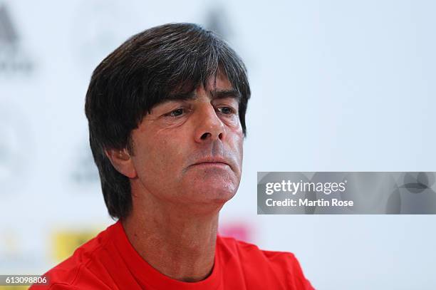 Joachim Loew, coach of Germany attends a press conference ahead of the FIFA 2018 World Cup Group C Qualifier match against Czech Republic at Mercedes...