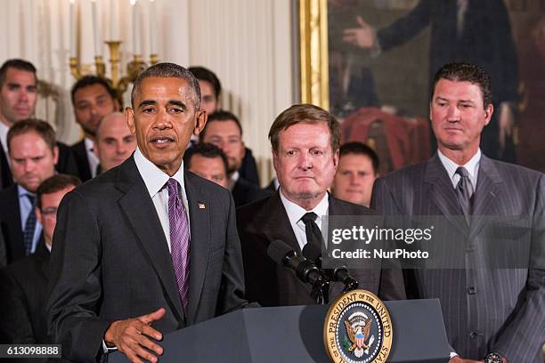 On Thursday, Oct. 6, in the East Room of the White House, President Barack Obama, with l-r, Pittsburgh Penguins Co-owner, Ron Burkle, and...