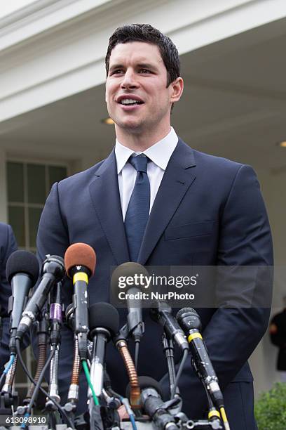 On Thursday, Oct. 6, Pittsburgh Penguins player Sidney Crosby, talks to reporters outside of the West Wing of the White House, after the ceremony...