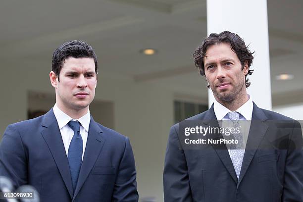 On Thursday, Oct. 6, Pittsburgh Penguins players Matt Cullen, and Sidney Crosby, take questions from reporters outside of the West Wing of the White...