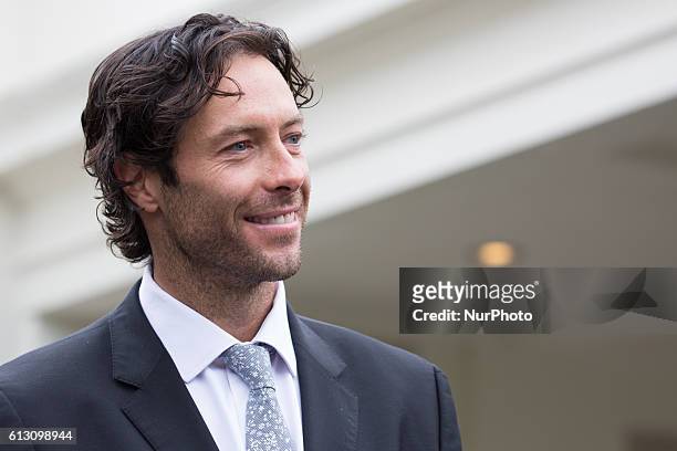 On Thursday, Oct. 6, Pittsburgh Penguins player Matt Cullen, takes questions from reporters outside of the West Wing of the White House, after the...