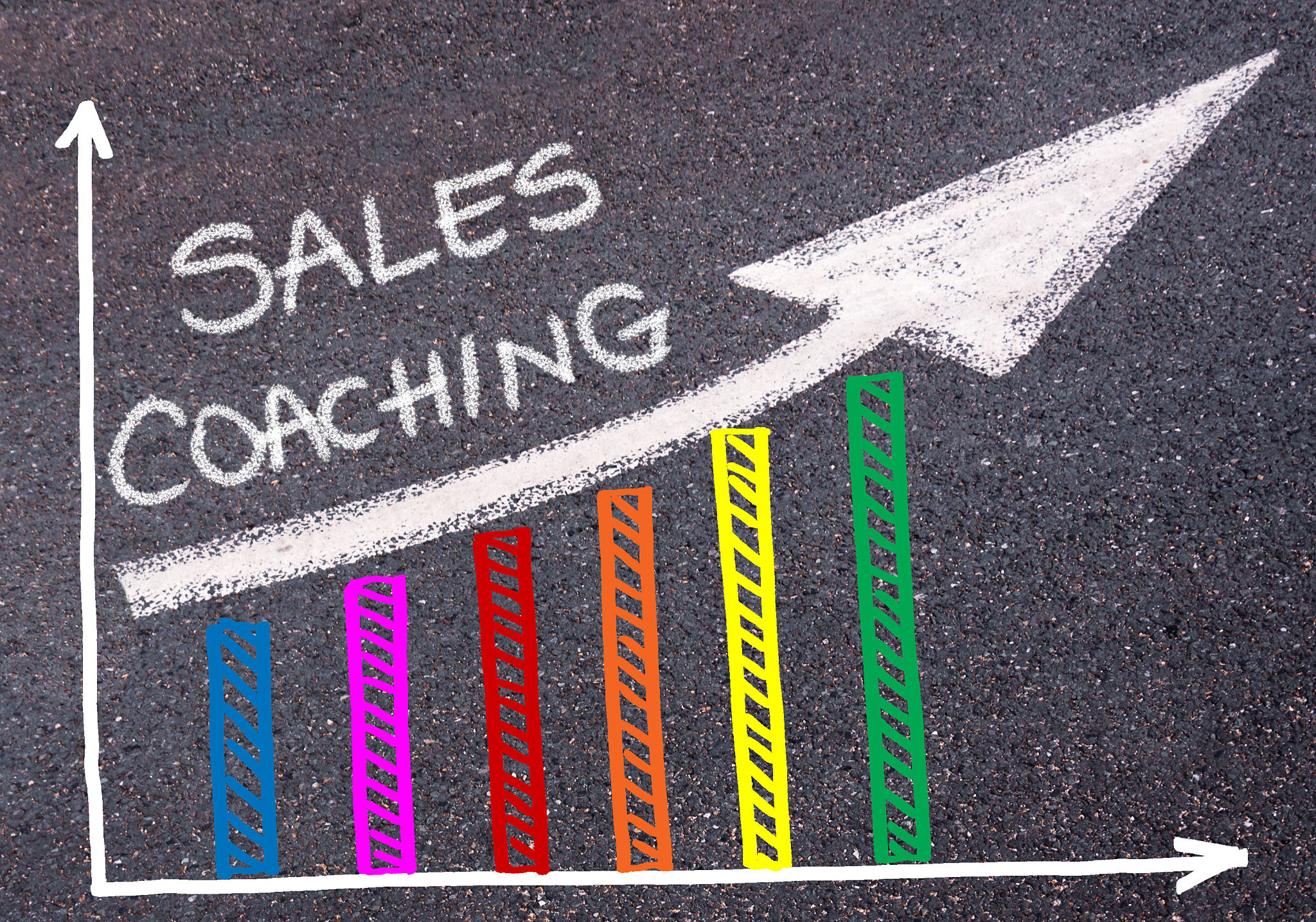 SALES COACHING written over colorful graph and rising arrow SALES COACHING written over colorful graph and rising arrow