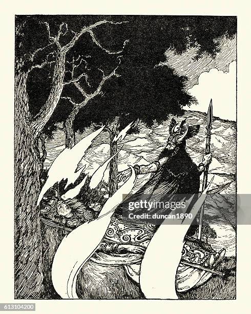 teutonic mythology - wotan's farewell - funeral stock illustrations
