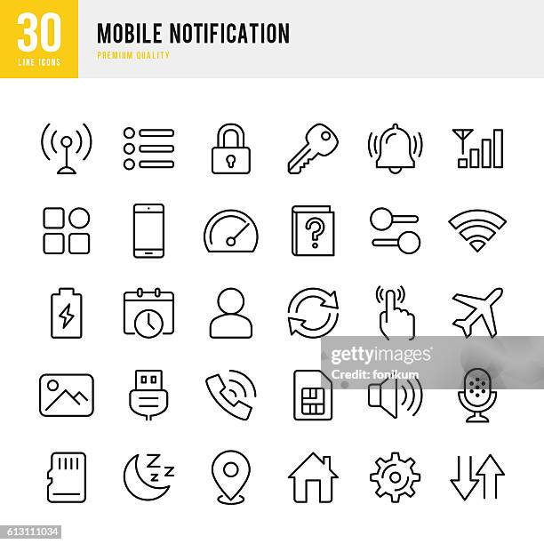 ilustraciones, imágenes clip art, dibujos animados e iconos de stock de notificación móvil: conjunto de iconos vectoriales de línea delgada - actualización de software
